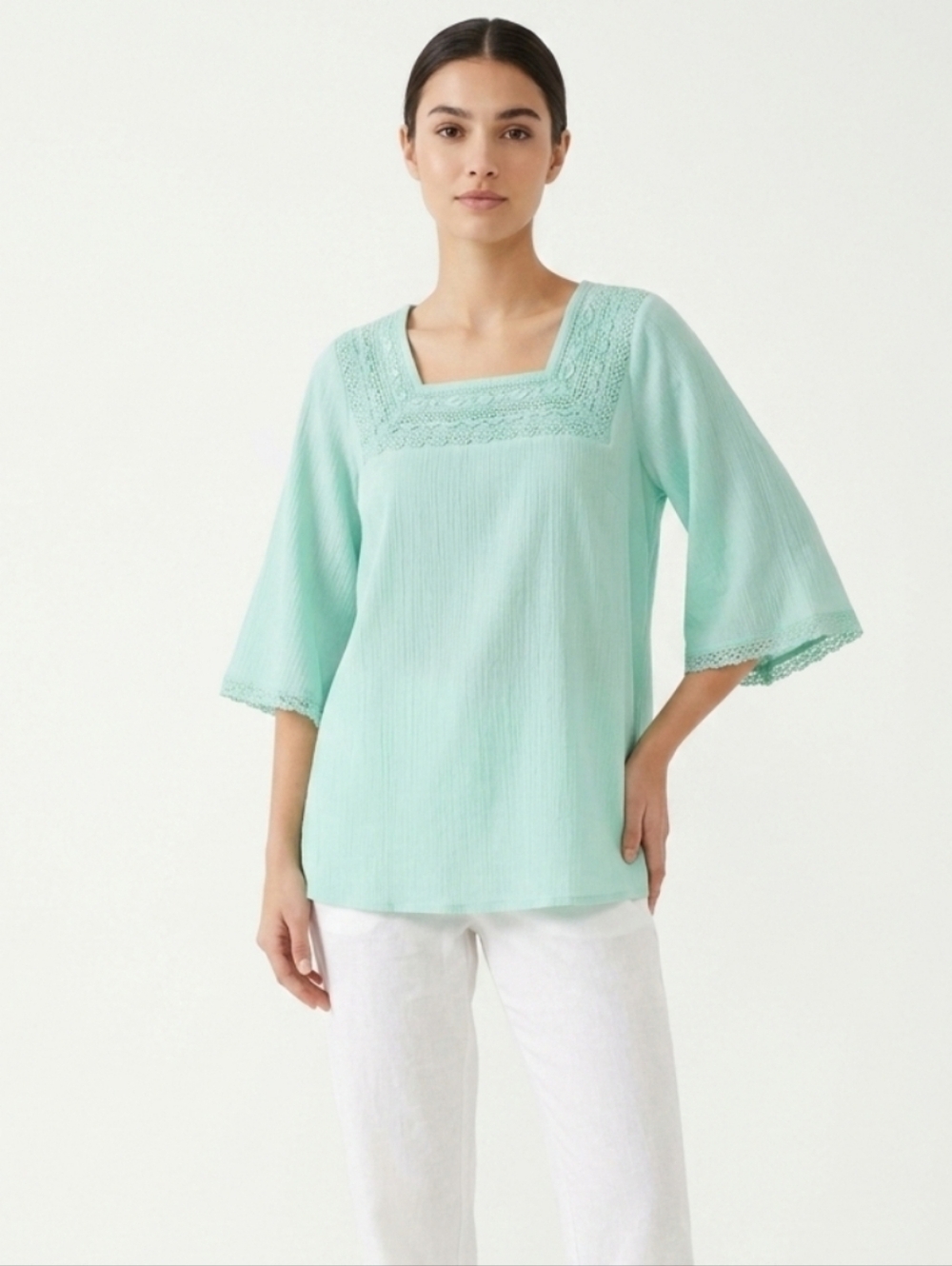 BLAIR Women's Embroidered Lace Bell Sleeves Blouse Cotton Top M